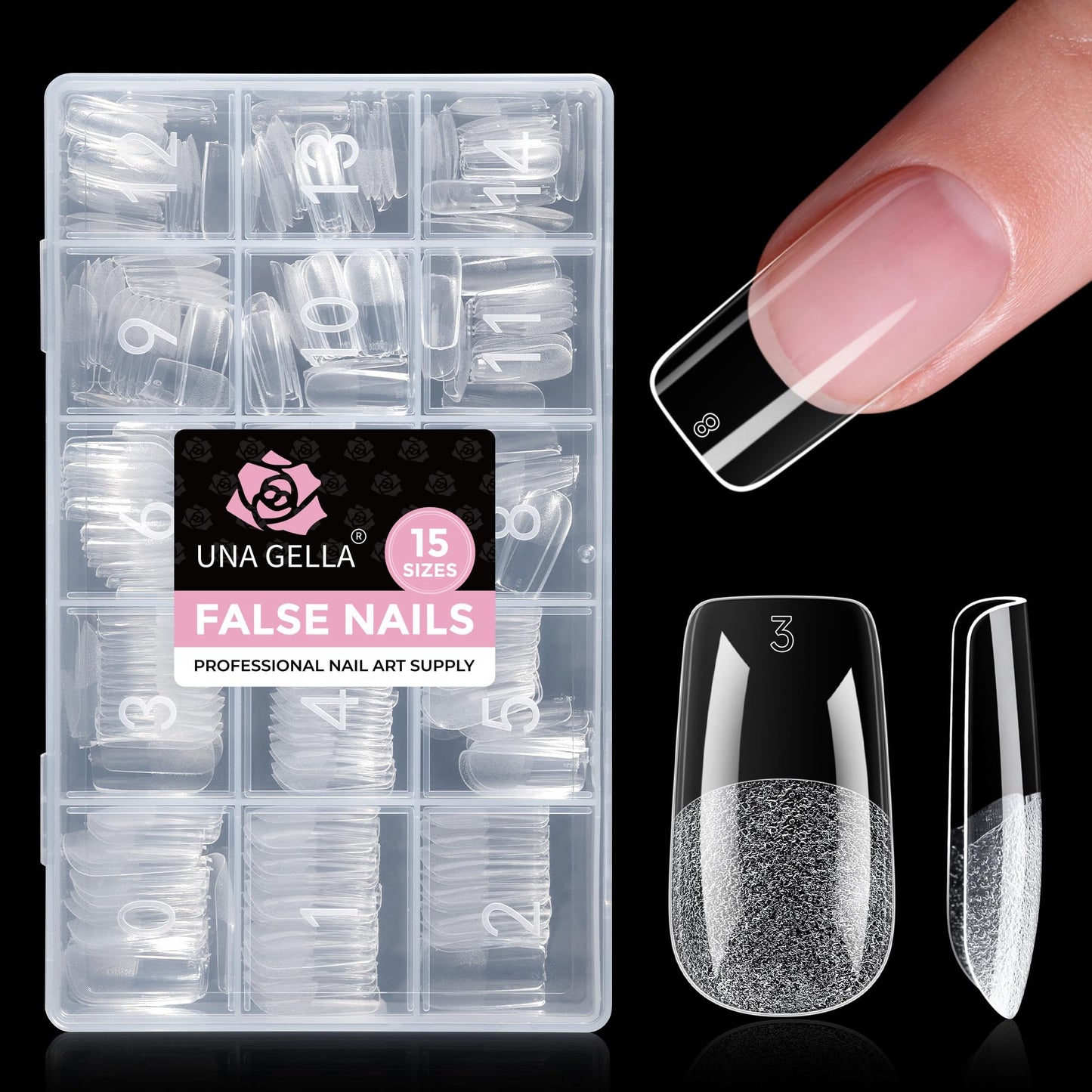 UNA GELLA Square Gel Nail Tips, 15 Sizes Medium Square Press on Nails, 300pcs Pre Etched Soft Gel Fake Nails Full Cover For Nail Extension Home DIY Nail Salon for Women