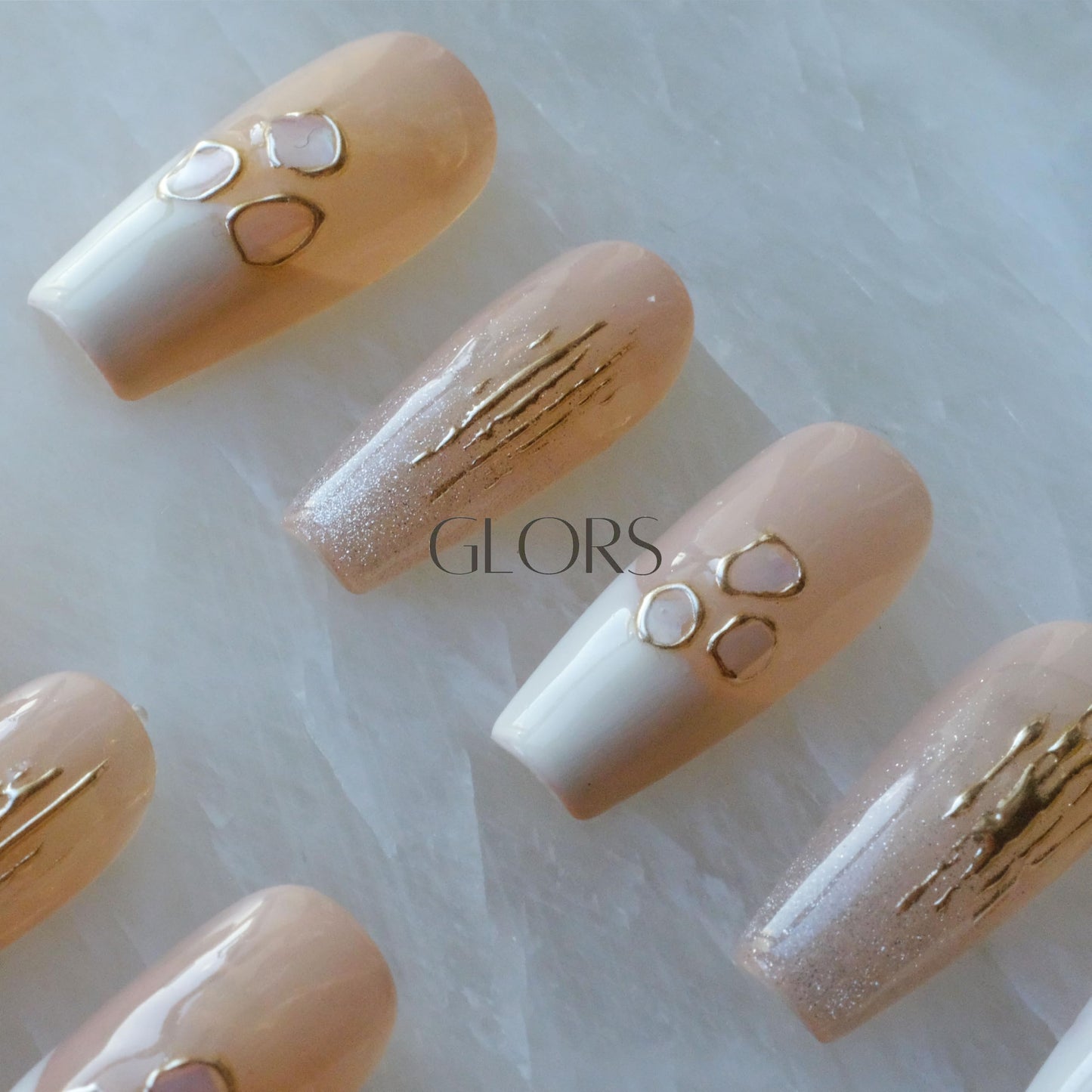 GLORS Handmade Press On Nails, Long Ballerina Shape, Pink and White Shell Design, 10 Pieces (Small,LB)