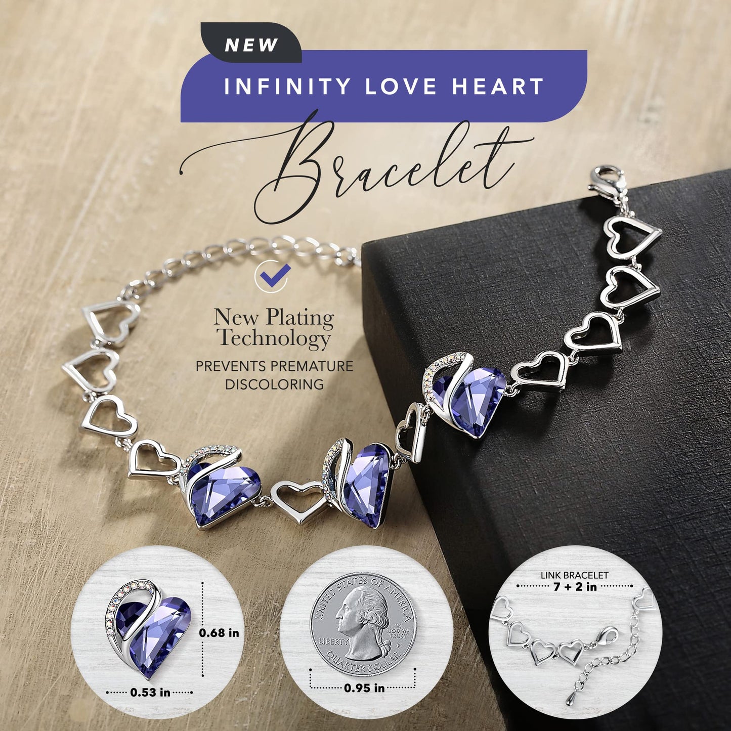 Leafael Infinity Love Heart Gift Bracelet for Women, February Birthstone Crystal, Tanzanite Purple, Silver Tone, 7-inch Chain and 2-inch Extender