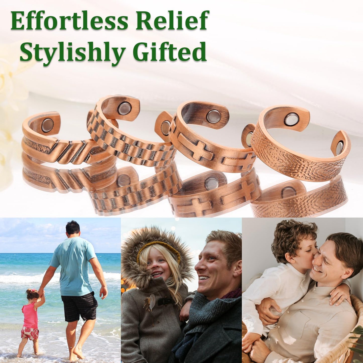Fashtour 4 Copper Rings for Men, 99.99% Solid Pure Copper, 4pcs 3500 Gauss #9 Rings, Vintage & Cross Pattern Adjustable Cuff Ring
