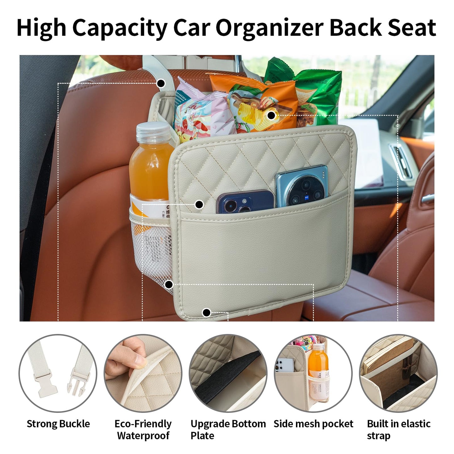 FrgKbTm 2Pack Car Seat Back Hanging Bag Car Document Holder Multi-Pocket Bottle Bag Storage Box Organizer Travel Tidy Pouch Pocket Kids Beige
