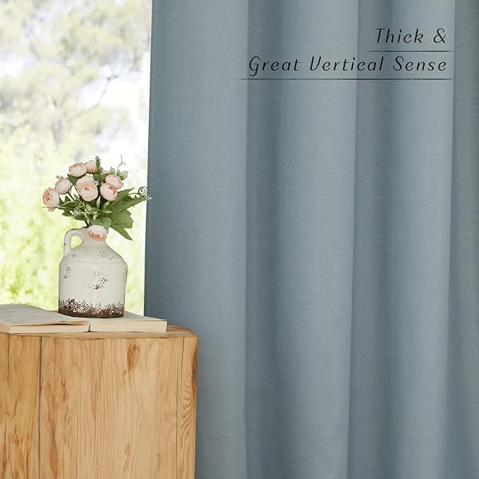 NICETOWN Linen Flax Semi Sheer Curtains 94" Length, Grommet Window Treatments Privacy Added with Light Penetration Vertical Drapes for Loft/Home Office, Stone Blue, W55 x L94, 2 Panels