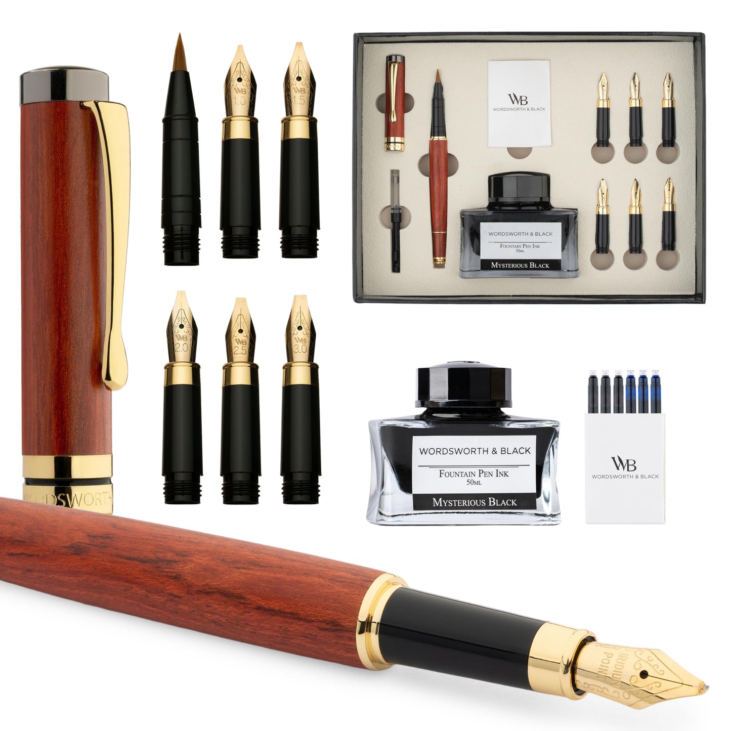 Wordsworth & Black Calligraphy Pen Gift Set, Includes Ink Bottle, 6 Ink Cartridges, Ink Refill Converter, 6 Replacement Nibs, Luxury Bamboo, Journaling, Smooth Writing Pens [Rosewood]