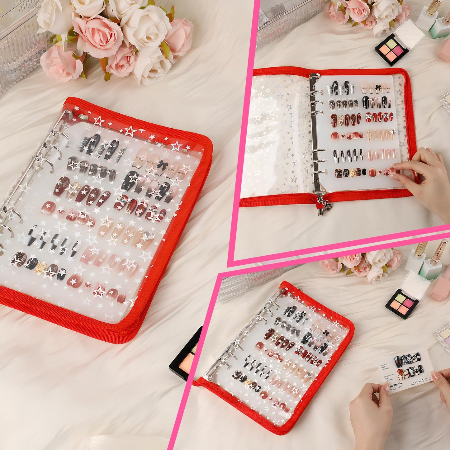 ASTONFOG Press on Nail Organizer Binder Book, 8 A5-Sized Insert Pages & Double Sized Tape, Press on Nails Display Storage Book, Reusable Fake Nail Swatch Collecting Book (Red Star)