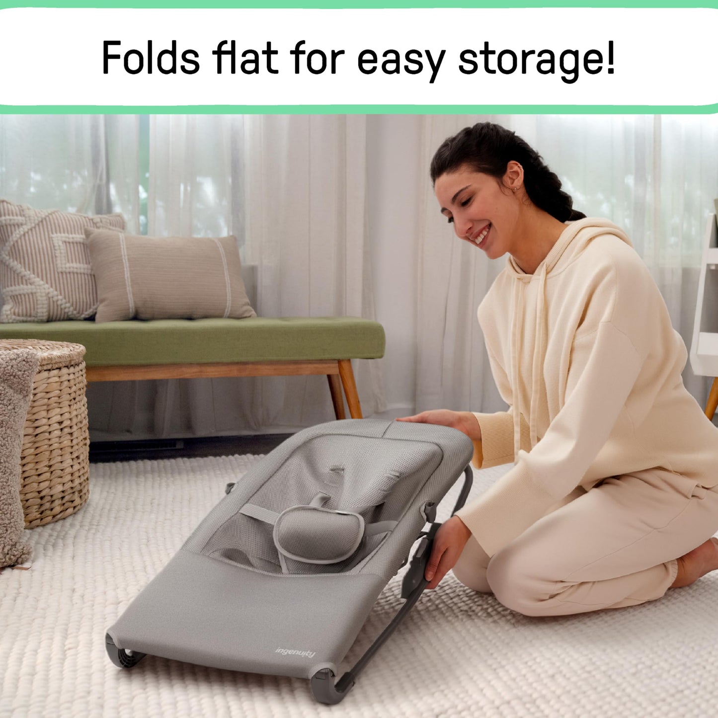 Ingenuity Nestle Vibrating Rocker, Lightweight Foldable Infant Seat with Breathable Fabric, 2-Position Recline, Mini Vibration Unit, 5-Point Harness, Travel Bag