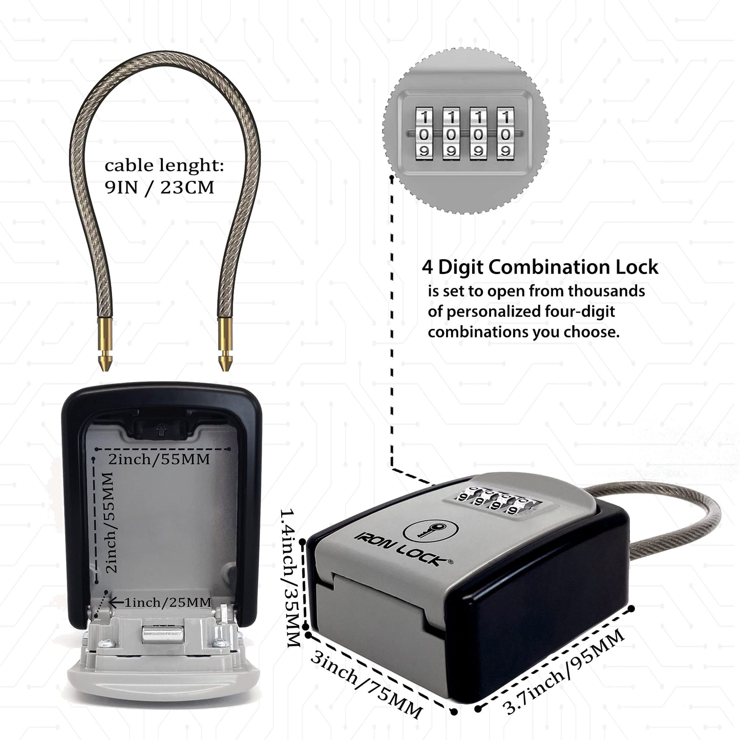 Iron Lock® Key Lock Box Portable with Cable Shackle – Small Waterproof Heavy-Duty Metal Safe with 4-Digit Combination for Spare Keys Outside on Door Knob, Fence, Pipe or Gate (Grey, Small)