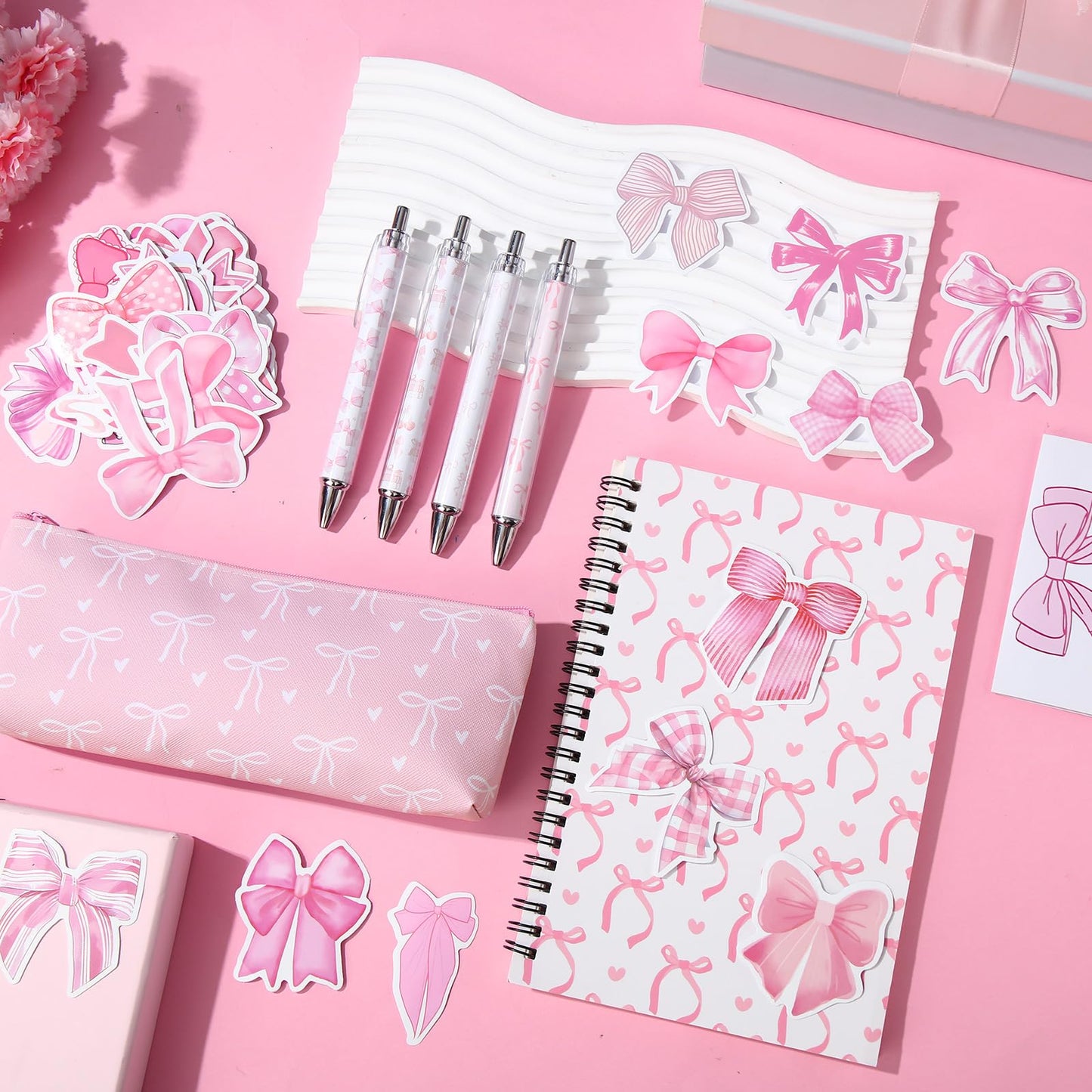 Sayglossy Pink Bow Stationery Gift Coquette School Supplies Set Include Pens Aesthetic Journal Notebook Pencil Case and Stickers Pink Bow Preppy Back to School Supplies for Girl Students