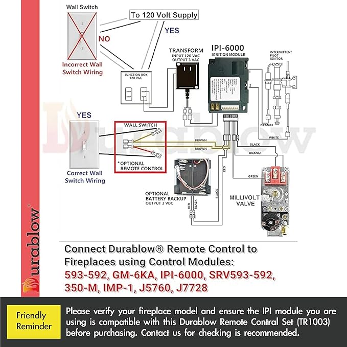 Durablow TR1003 On/Off Gas Fire Fireplace Remote Control Kit + Thermostat + Timer with LCD Screen for Millivolt Valve, IPI Module, Replaces Wall Switch | Thermostat Control Module