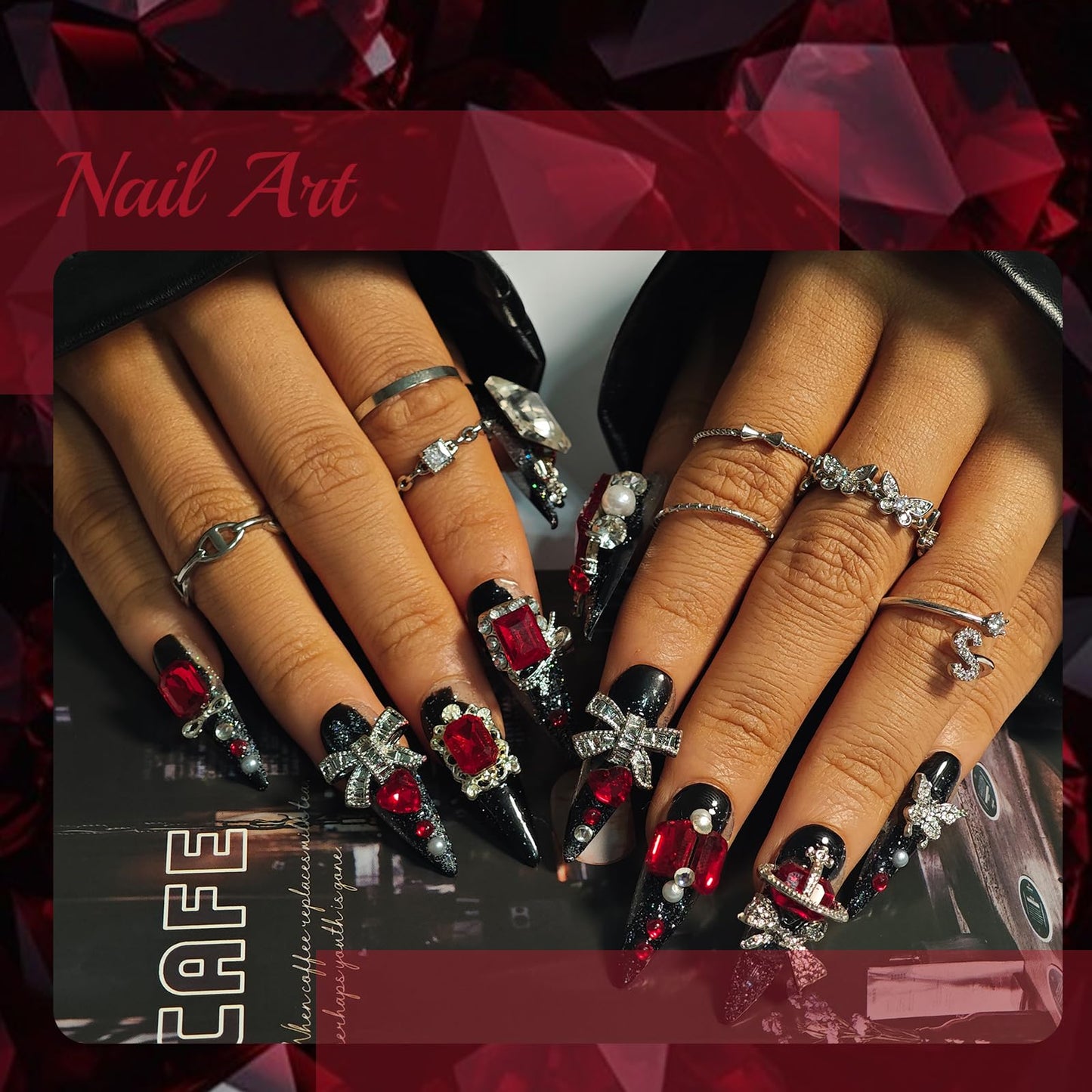 Handmade Press On Nails Stiletto, Black press on nails Long, Goth Red Rhinestone Glitter Nails For Women Gift, Reusable Stick On Fake Nails Kit With Nail Glue (Goth Charm, L)