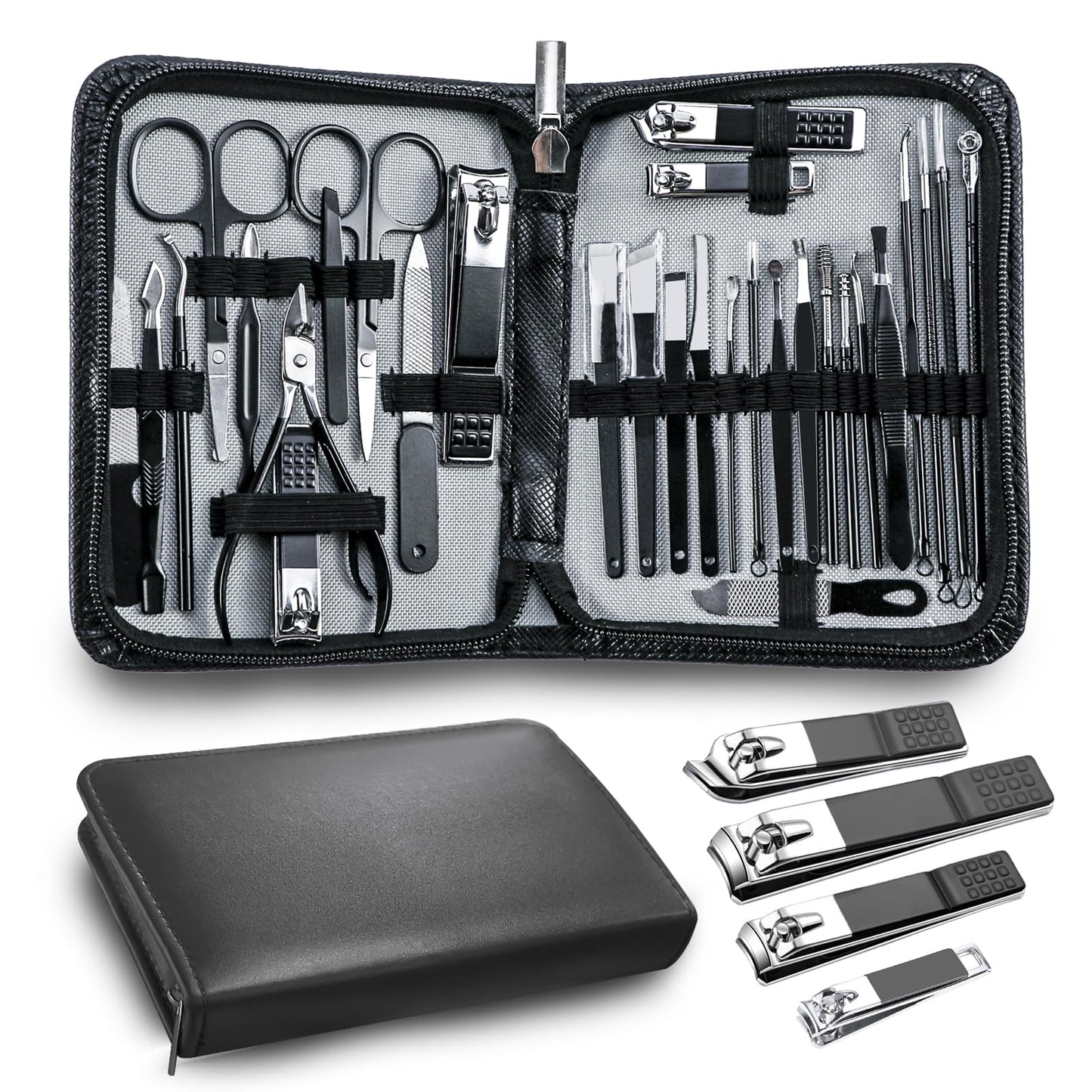 Manicure Pedicure Kit Professional 30pcs Complete Nail Care kit，fingernail and toenail Clippers and Manicure kit for Men with Travel Deluxe Beauty Tools Convenience Set (Black)