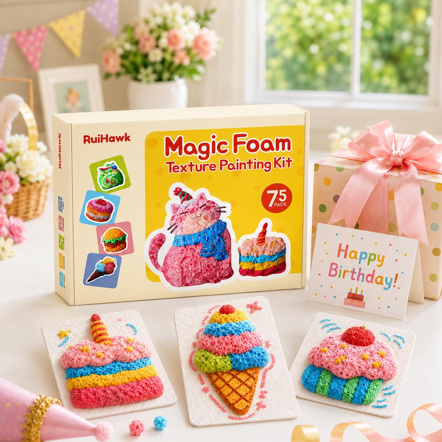 RuiHawk 3D Magic Foam Texture Painting Kit, 75 Pcs Puff Paint Art Supplies with 24 Auto-Flow Markers, 38 Texture Sheets & 10 Bead Necklace, Non-Toxic Creative Puffy Paint Gift for Boys Girls Ages 4-12