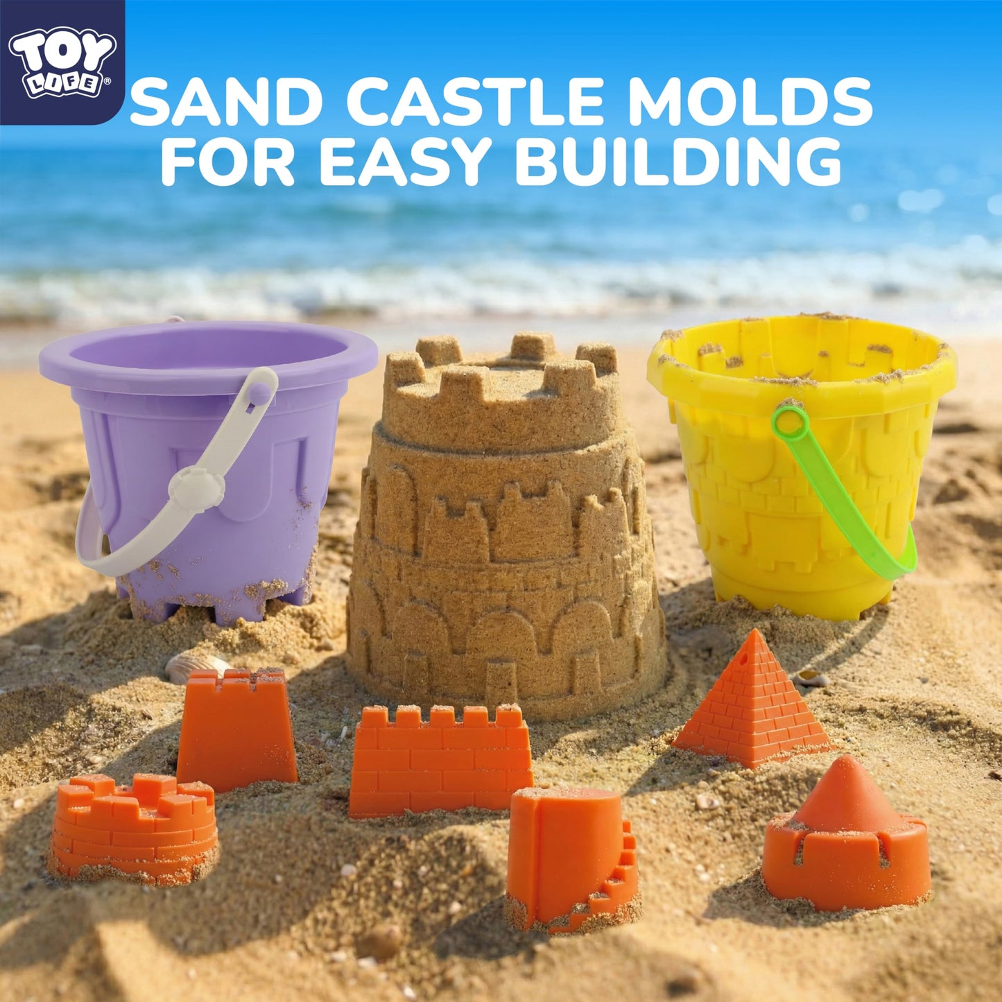 TOY Life Kids Beach Sand Castle Bucket Set, 2 Buckets with Mesh Bag, 6 Molds, 2 Shovels, Colorful Plastic Beach Toys for Summer Play
