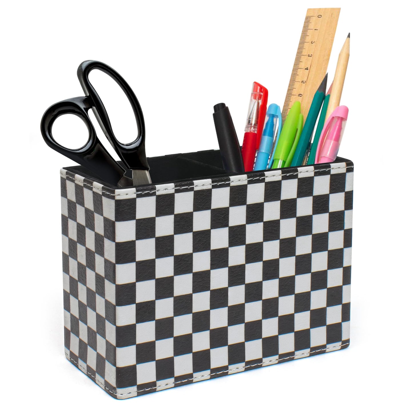Checkered Pencil Box Desk Accessories for Office Decor, Desktop Pen Holder, Black White Racing Style Organizer Case Stand Cup Storage for Makeup Brush Study Table, with 2 Compartments, Sturdy Leather