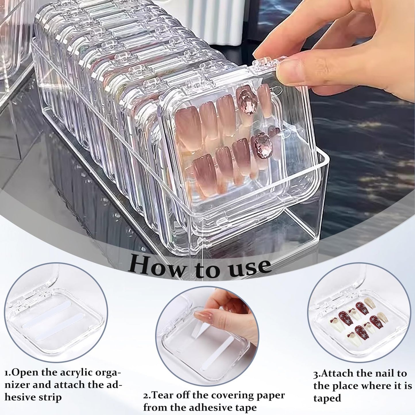 Oskrieel Press on nail storage 12 PCS Acrylic Nail Storage Box - Portable Versatile Organizer for Press - On Nails, Jewelry and More with 60 Pcs Adhesive Double Sided Tape