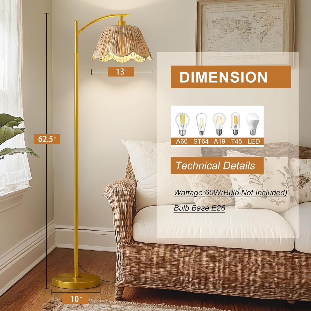 Oneach Arc Floor Lamp for Living Room,Rattan Boho Floor Lamp with Hand-Woven Wicker Shade, Foot Switch,Gold Metal Base & Pole,Farmhouse Standing Lamp for Bedroom Corner,Reading
