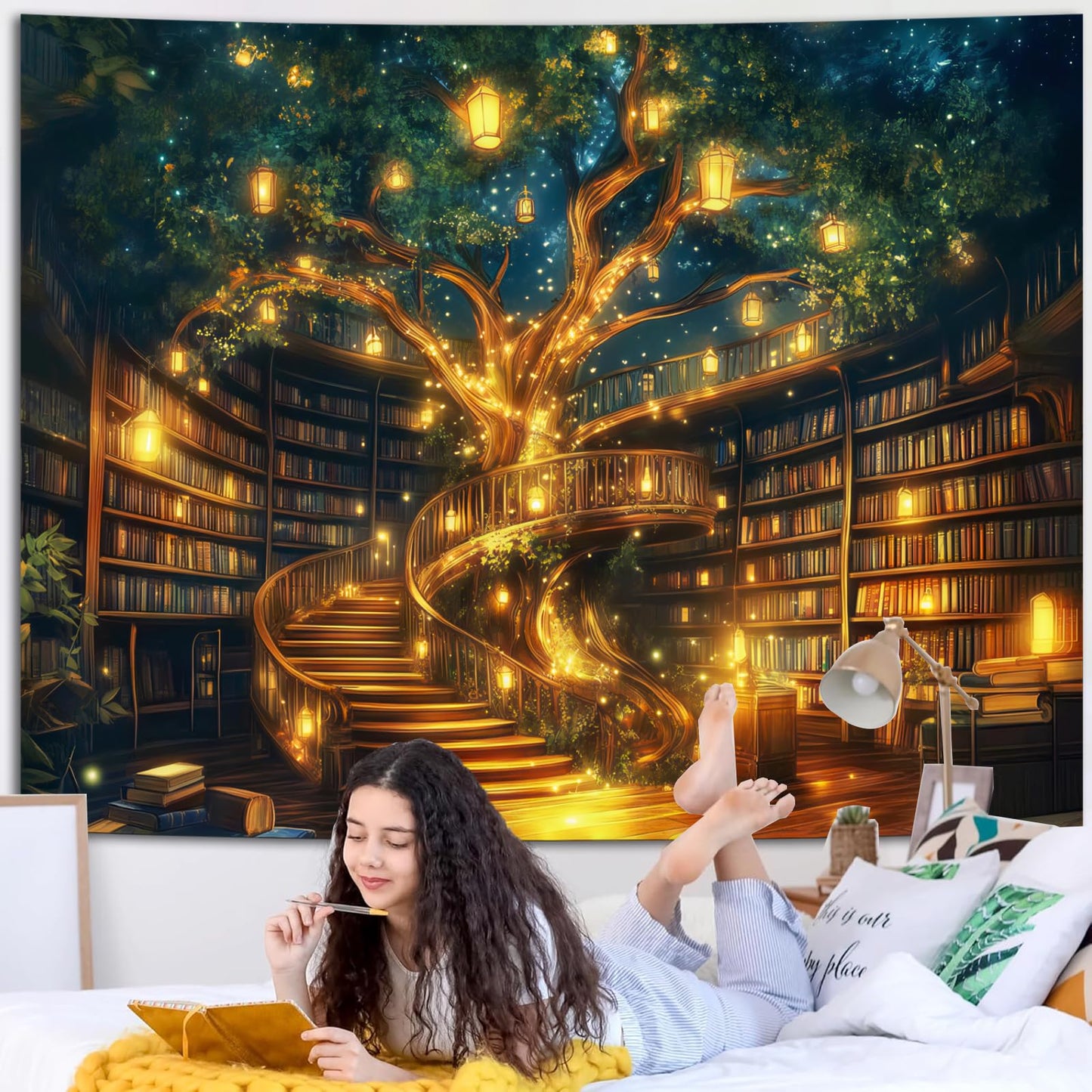 Miytal Enchanted Tree Library Tapestry – Magical Bookshelf Reading Room Wall Hanging, Cozy Literary Art Decor for Bedroom, Living Room, or Study - 59.1" x 80"