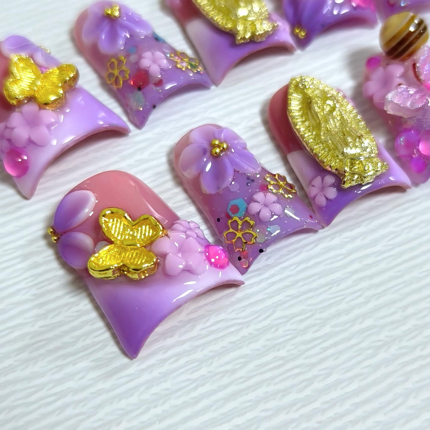 TENPAL Handmade Duckbill Press on Nails - Lavender Pink Blushing French Tips Fake Nails with 3D Bow & Lollipop Design | Acrylic Glossy Gothic Sweet False Nails | Y2K Elegant Style Duck Nails(L)