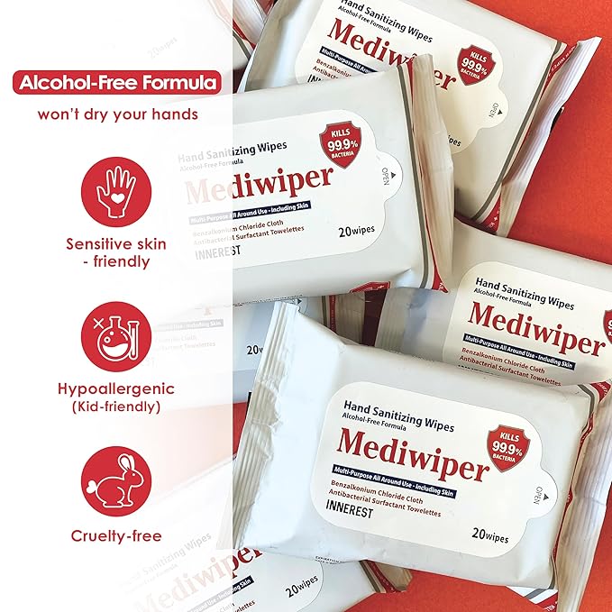MEDIWIPER 80ct Alcohol-Free Hand Sanitizing Wipes Unscnted Antibacterial Wet Wipe, Hand Sanitizer (160 Wipes (80 * 2))