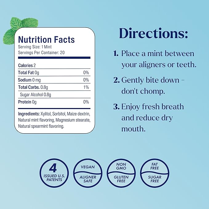 Movemints Clear Aligner Mints - Patented, Edible Alternative to Chewies - Freshen Breath and Improve Dry Mouth with Xylitol - Spearmint (7 Pack)