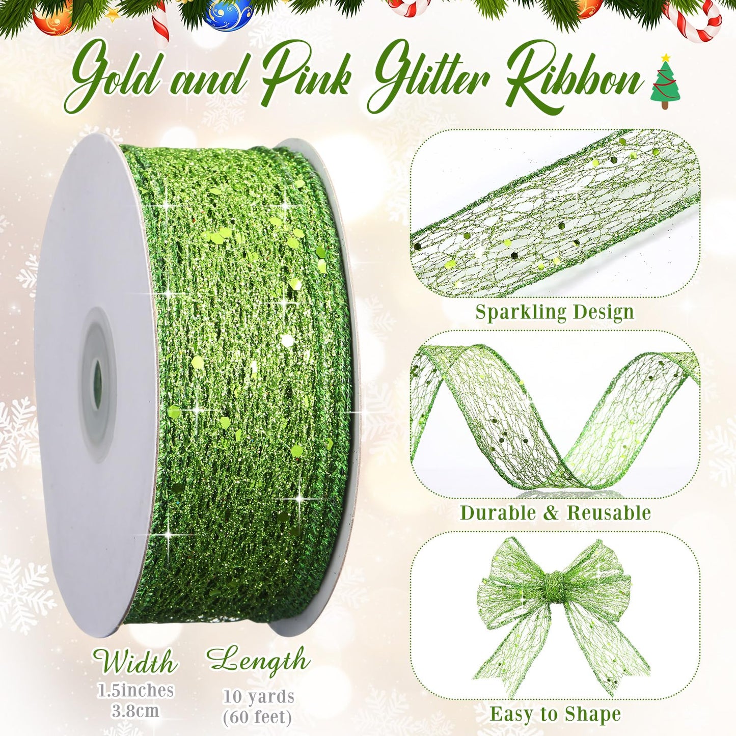 Geosar 1 Roll Lime Green Mesh Glitter Ribbon 1.5 Inch x 20 Yard Christmas Glitter Sheer Metallic Wired Ribbon for Home Party Gift Wrapping Wreath DIY Crafts Xmas Tree Decor