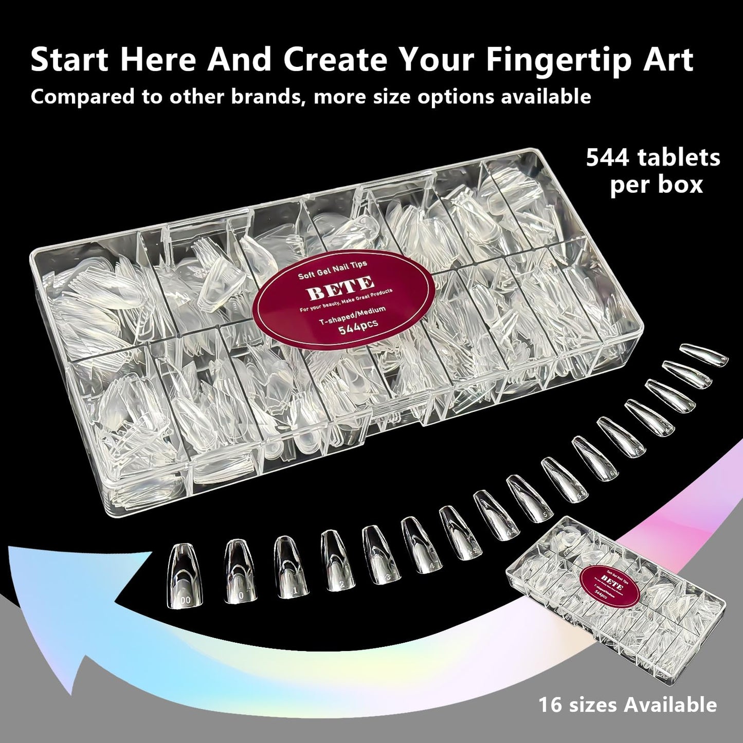 BETE Medium Coffin Clear Acrylic Nail Tips–544Pcs 16 Sizes with Half Sizes, Tipex Instant Apex Full Cover False Nails, Pre-Shaped Strong Thick Press On Nails for Home & DIY Manicure