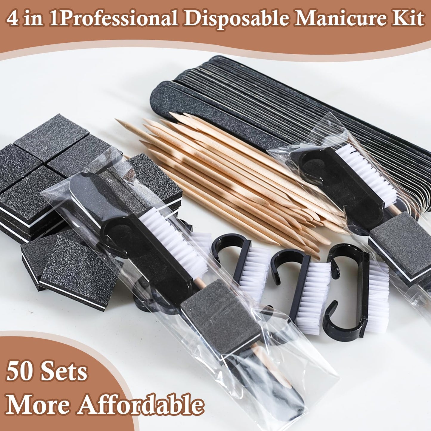 50 Sets Disposable Manicure Kit Basics 4 Piece Nail Kit for Travel,Handle Grip Brush,Mini Nail Buffer Nail File and Wood Stick for Gifts Salon Home Professional(50 Set-Black)