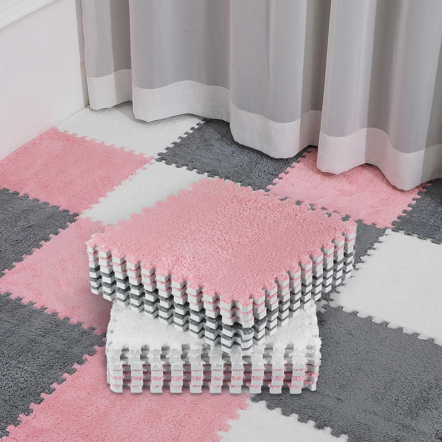 Amylove 18 Pcs Plush Foam Floor Mat Square Interlocking Carpet Tiles with Border Fluffy Play Mat Floor Tiles Soft Climbing Area Rugs for Home Playroom, 12 x 12 x 0.4 in(White, Pink, Gray)