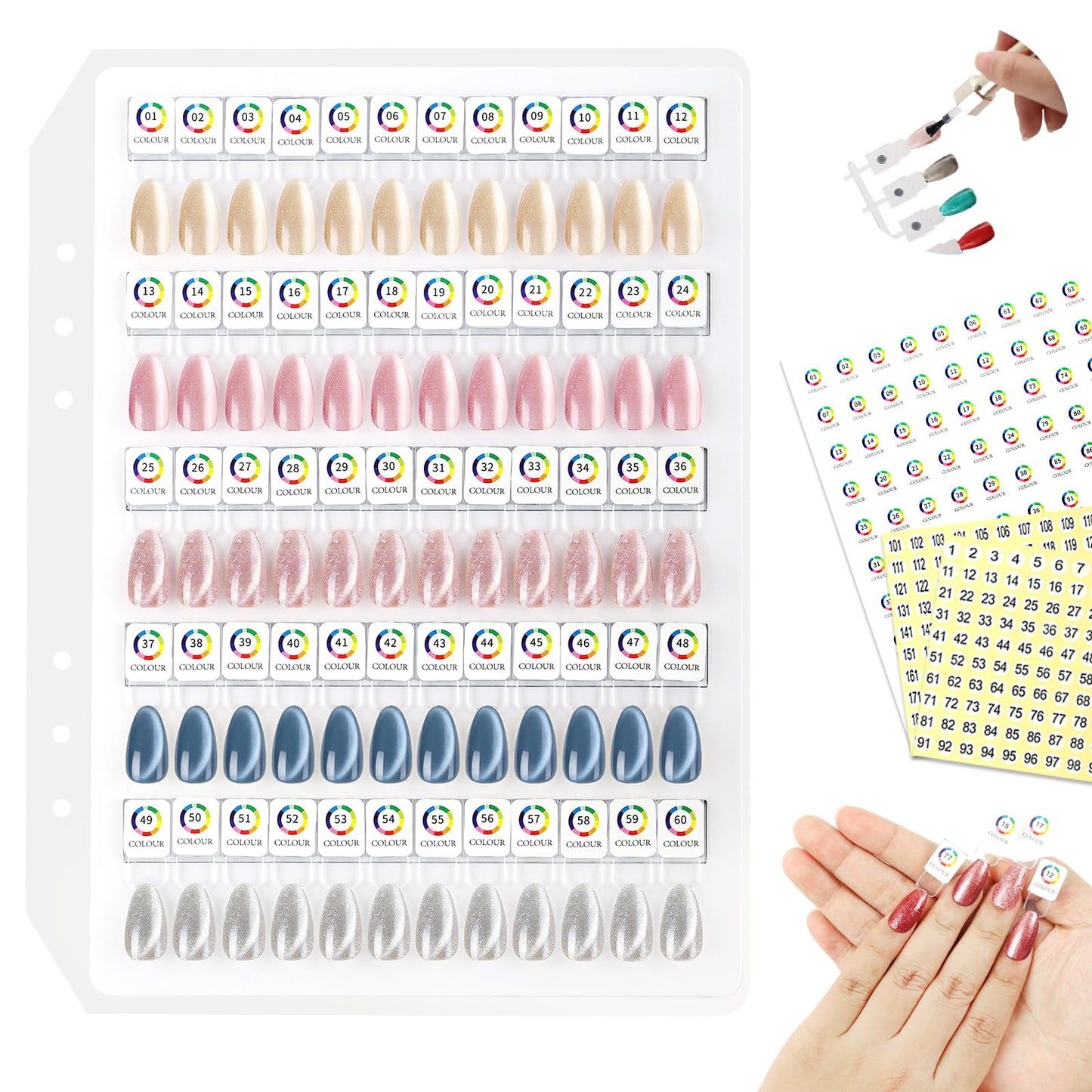 Vnjaoi Magnetic Nail Color Display Book Inside Page with 60 Acrylic Magnetic Nail Display Tips for Nail Art Design Pattern Practice (Cover Not Included)