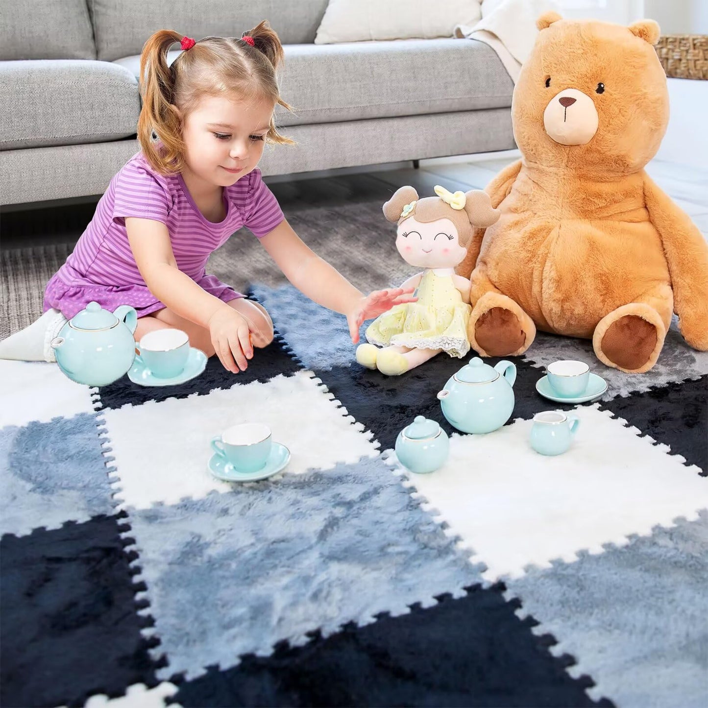 20pcs Plush Puzzle Foam Floor Mat, 11.8x11.8in Soft Interlocking Carpet Tiles，Anti-Slip Puzzle Area Rug Playmat for Room，Green