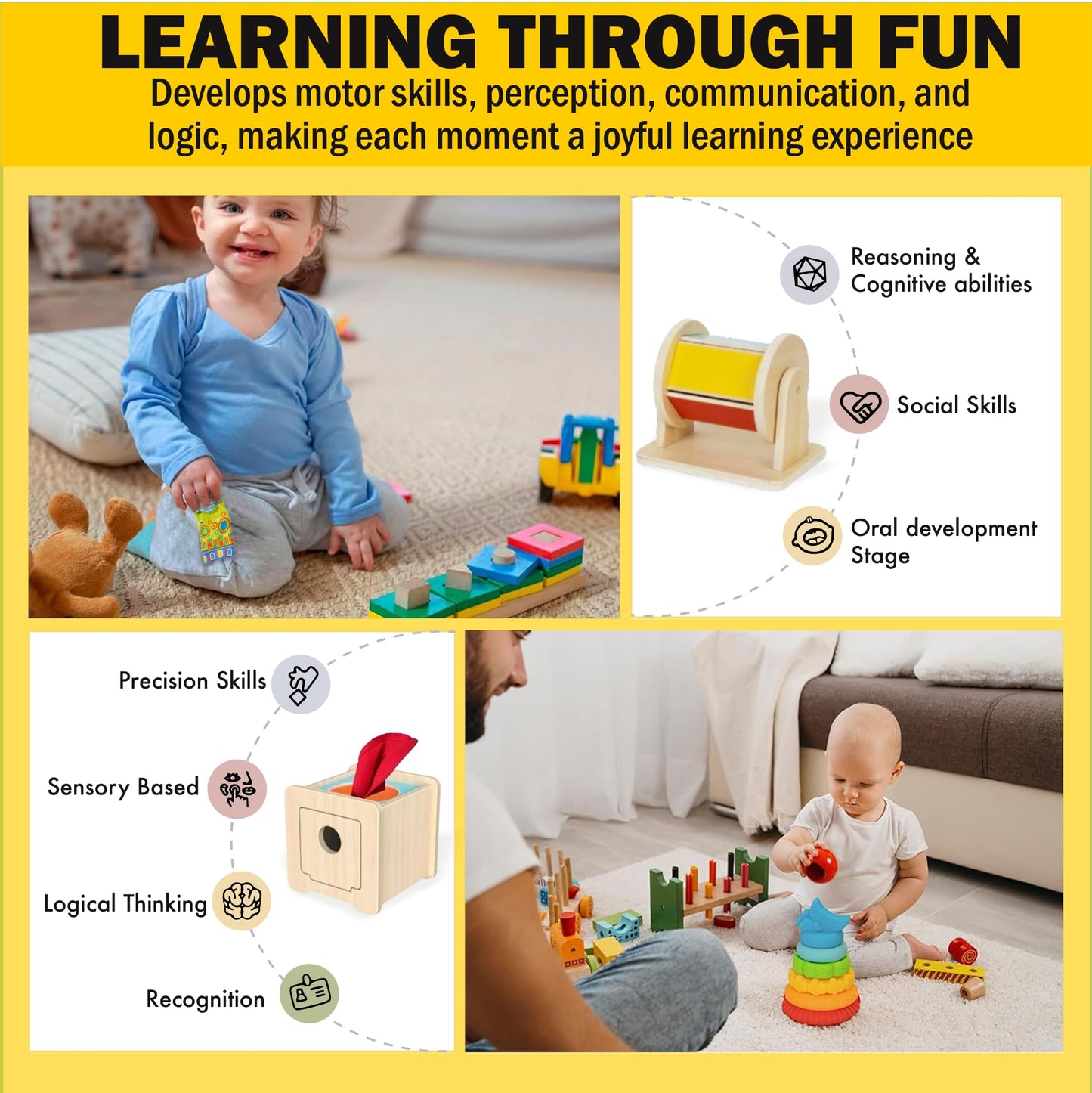 123 BABY BOX Montessori Toys for Babies 0-6 Months - 6-in-1 Educational Sensory Development Kit with Rolling Bell, Magic Tissue Box, Spinning Drum & More