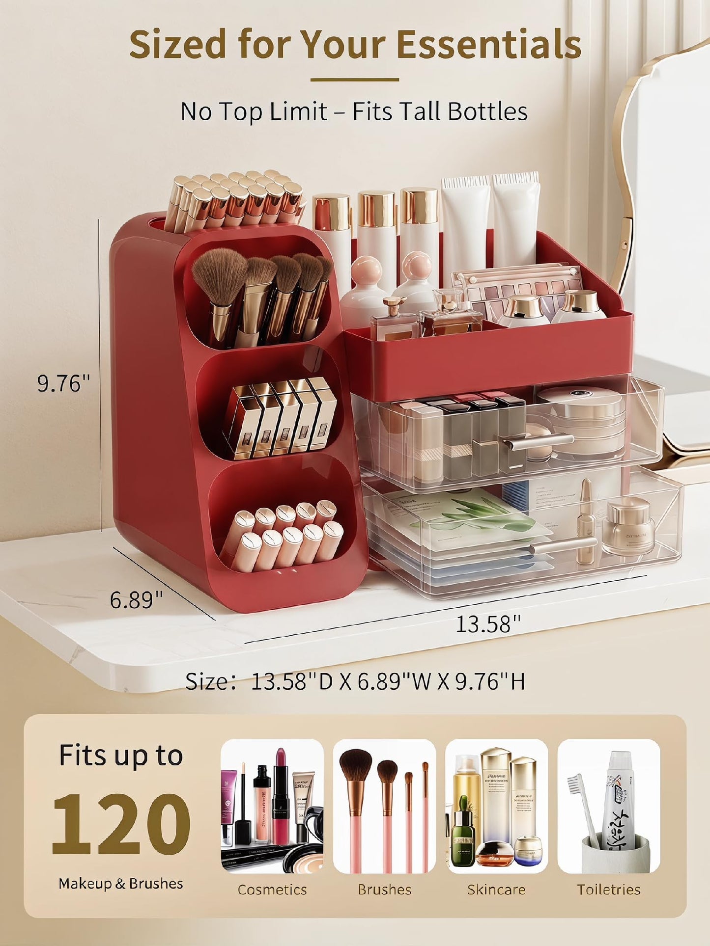 Booklov Makeup Organizer for Vanity, Large Capacity Cosmetic Display Case with Clear Acrylic Drawers, Countertop Beauty Storage Holder for Skincare, Brush Eyeshadow Lipstick, Counter Desk, Crystal Red