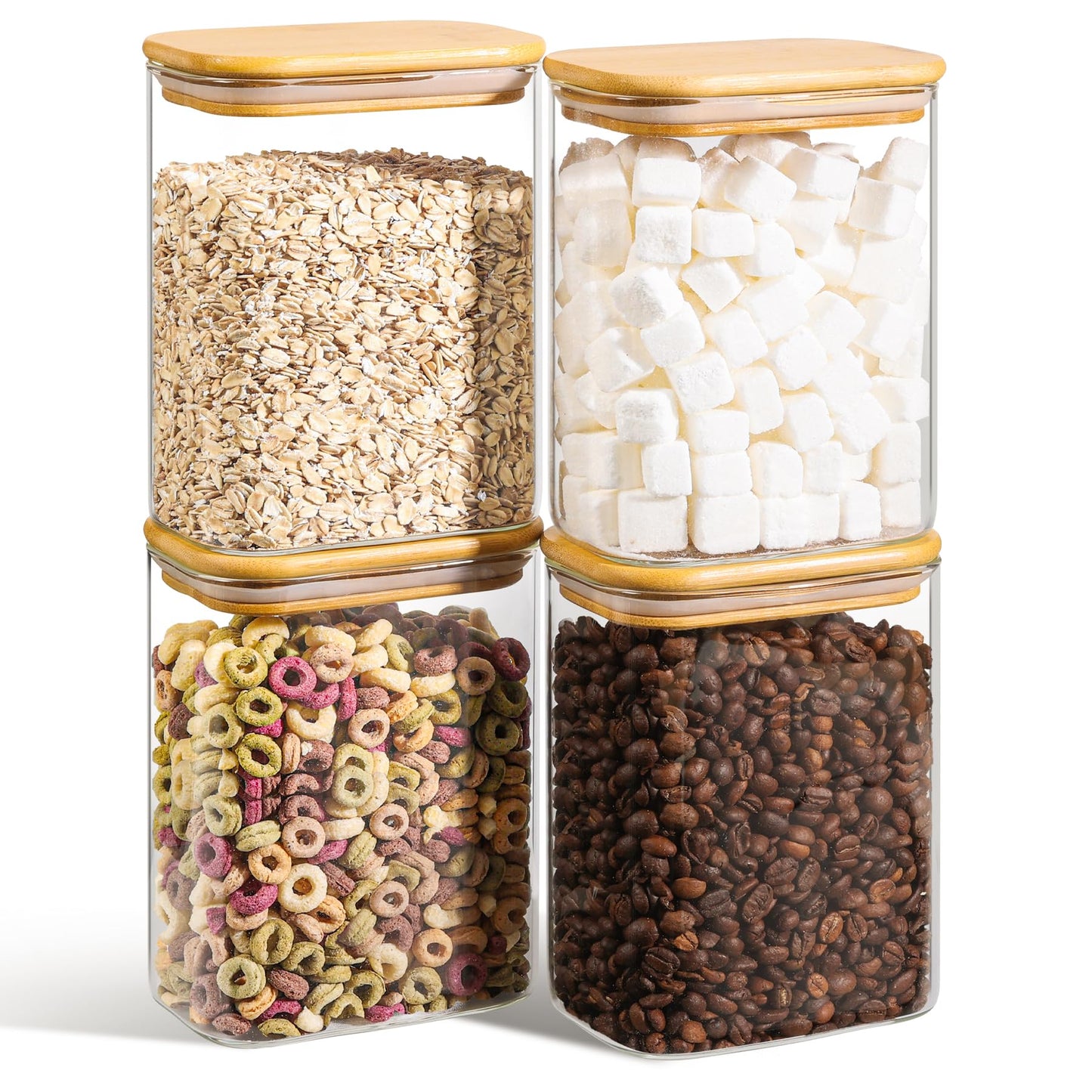 ComSaf 1.2 Qt Rectangle Glass Storage Containers with Lids, Glass Jars with Bamboo Lids, Clear Food Storage Jar, Sugar Coffee Containers, Pantry Container for Pasta Tea Candy Nut