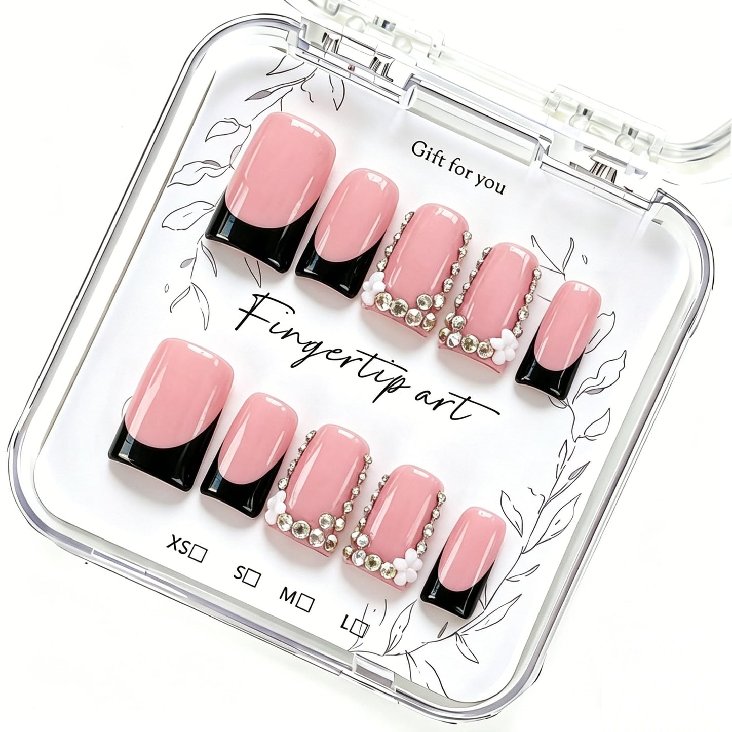 Handmade Acrylic Press on Nails Short Duck Handmade Nails with 3d Flower Rhinestone Design for Women Fake Nail Art DIY 10pcs(M)