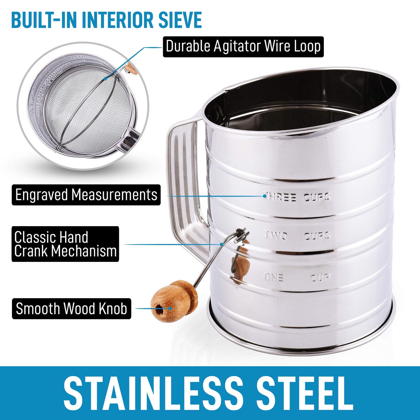 Zulay Kitchen 3 Cup Stainless Steel Flour Sifter - Fine Mesh Rotary Hand Crank Flour Sifter with Agitator Wire Loop For Baking Cakes, Pastries, Pies, Cupcakes and Desserts