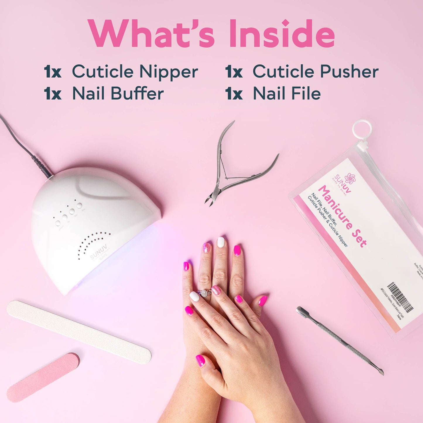 SUNUV UV Nail Lamp, 4PCS Cuticle Nippers, Cuticle Pusher with Nail File and Buffer Set, 48W Professional LED UV Light for Gel Nails SUNone Pink