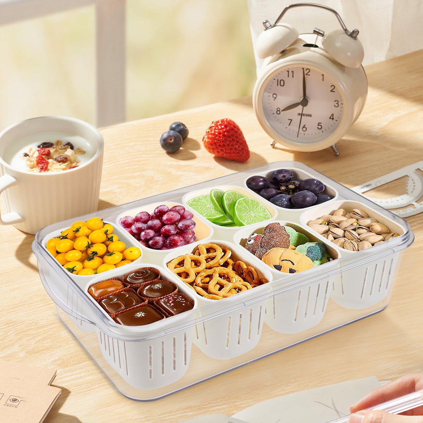 Snackle Box - Divided Serving Tray with Lid - Snackle Box Charcuterie Container with 8 Compartments, Snack Tray for Fruit, Candy, Veggies, Nuts, Cracker, Chips - Perfect for Party, Travel, Picnic