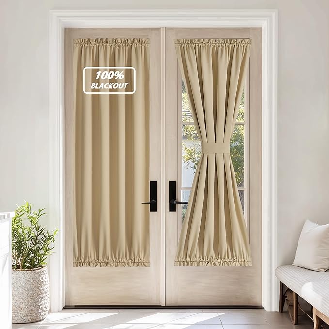 NICETOWN 100% Blackout French Door Curtain,Privacy Thermal Insulated Window Curtain with Adjustable Tieback for Glass Front Sliding Patio Door, 1 Panel, 36W x 72L, Biscotti Beige