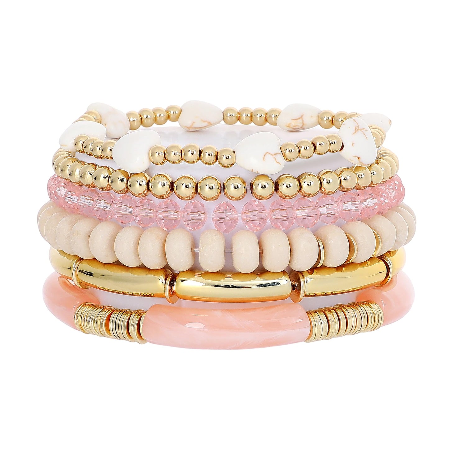 GOOJIDS Simple Beaded Gold Plated Bangles Bracelet Chunky Bamboo Tube Curved Stacking Clear Acrylic Colorful Beads Stretchable Gold Plated Bracelets Set For Women