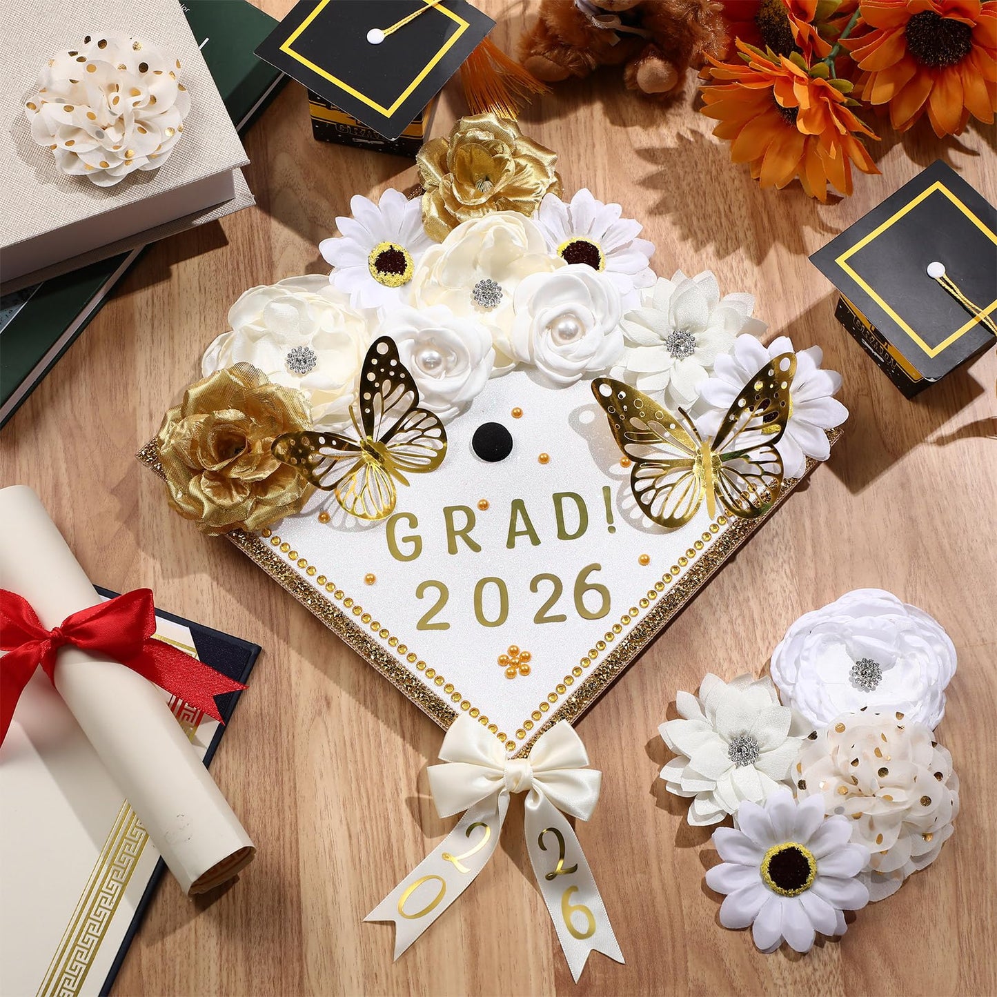 Wavwavw 63 Pcs DIY Graduation Cap Decorations Kit Include Faux Flowers 3D Butterfly Bow Self Adhesive Rhinestones and Alphabet Letter Stickers for 2026 Grad Cap Topper Decor Graduation Party(White)