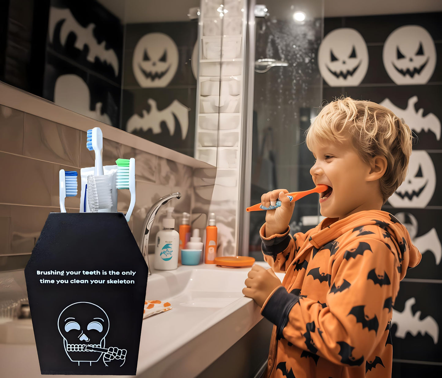 Halloween Gothic Bathroom Decor - Spooky Goth Coffin Toothbrush Holder Sides Wide Open Quick Dry, Roomy Space, Horror Bats Skull Design - 5.5" L x 4" W x 6" H