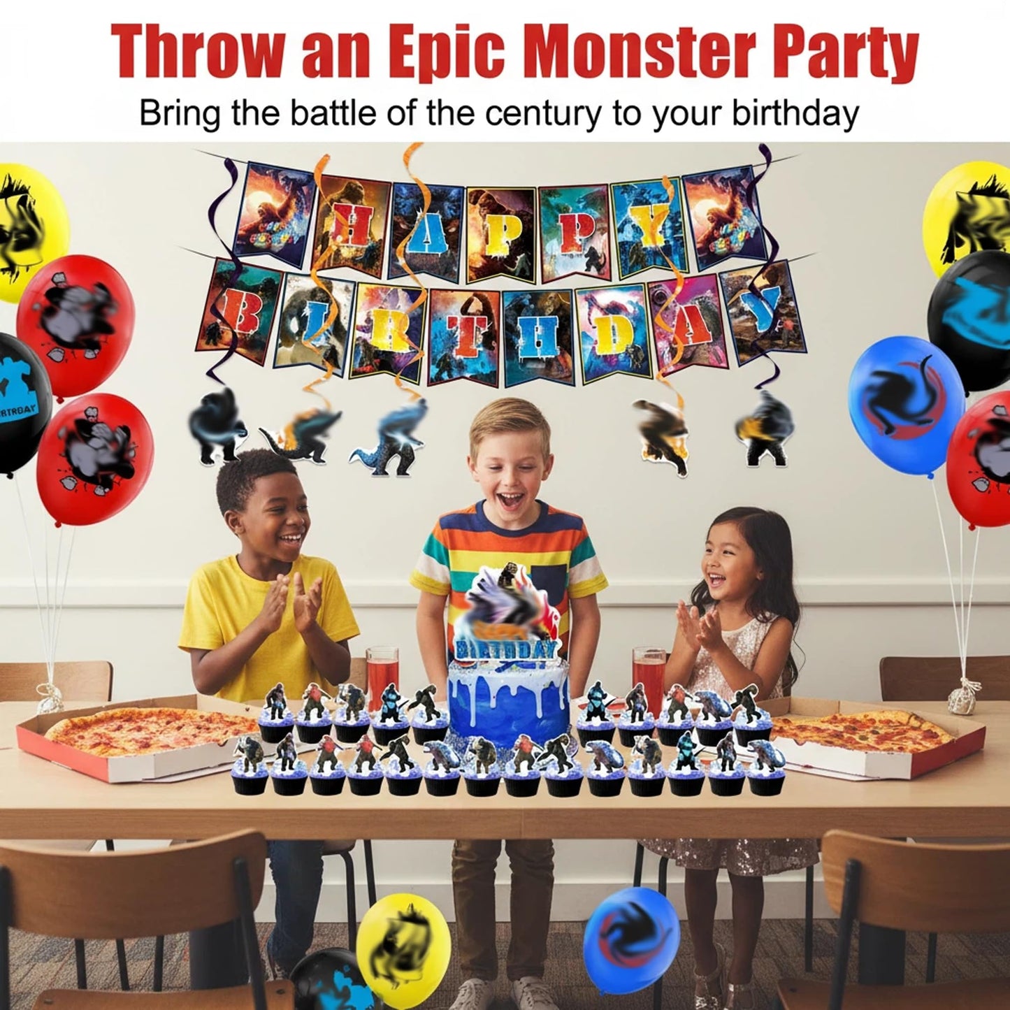 Monsters Theme Birthday Decorations, Birthday Party Decorations with Backdrop Banner, HAPPY BIRTHDAY Banner, Hanging Swirl Streamers, Latex Balloons and Cake Toppers