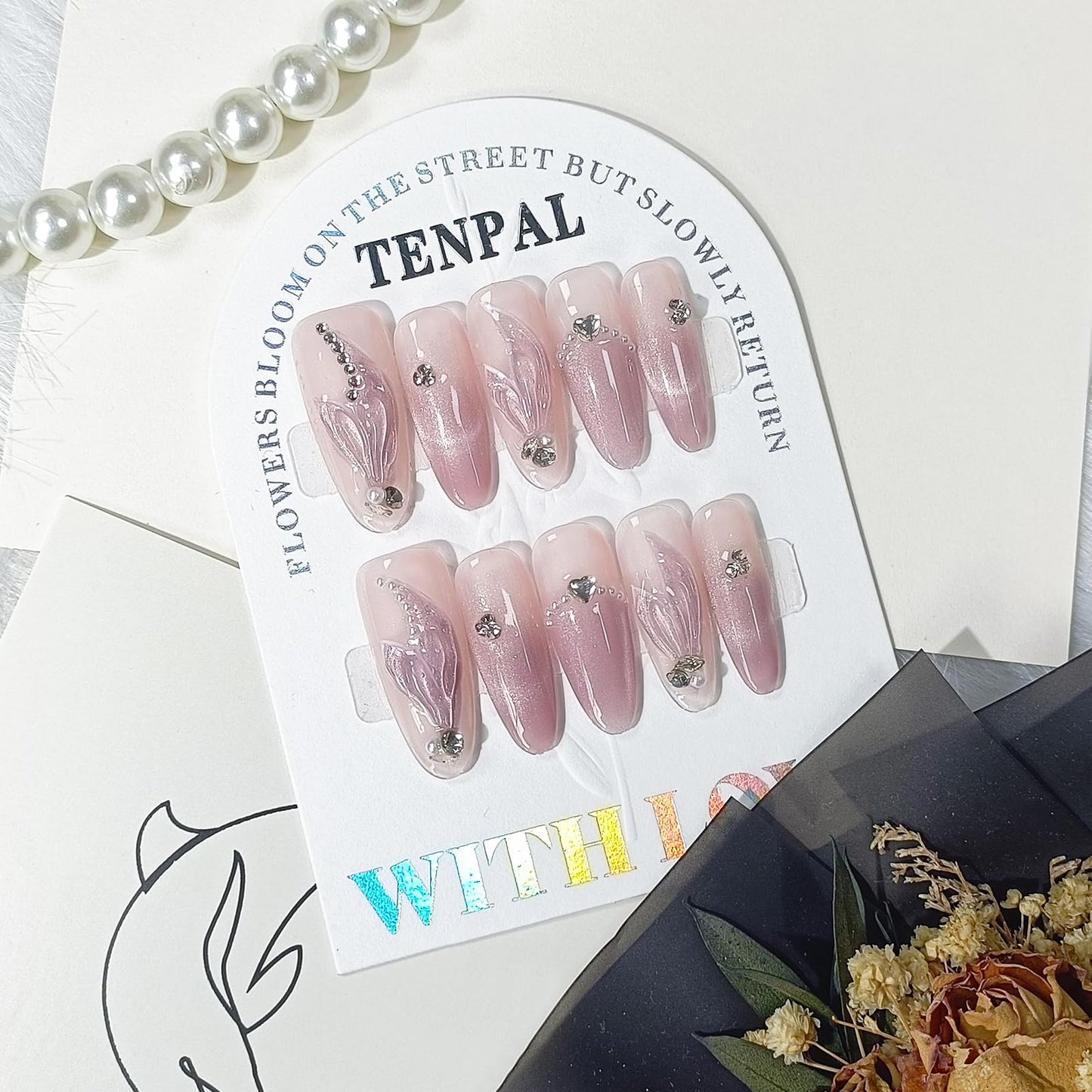 TENPAL Gradient Purple Press on Nails Long Almond,Cat Eye Mermaid Tail Designs Fake Nails,Detachable Acrylic Glitter False Nails with Tools,Handmade Glossy Artificial Glue on Nails,Medium Size