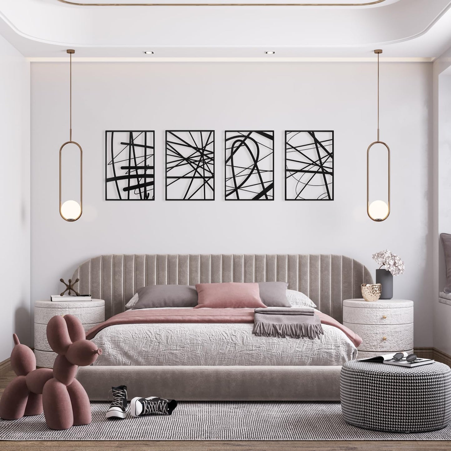 Art3dwallpanels Black Abstract Wall Art, Metal Single Line Art Wall Decor, 3D Textured Sculptures, Modern Decor for Living Room Bedroom Bathroom Study, 17'' x 12'', 4 Pack