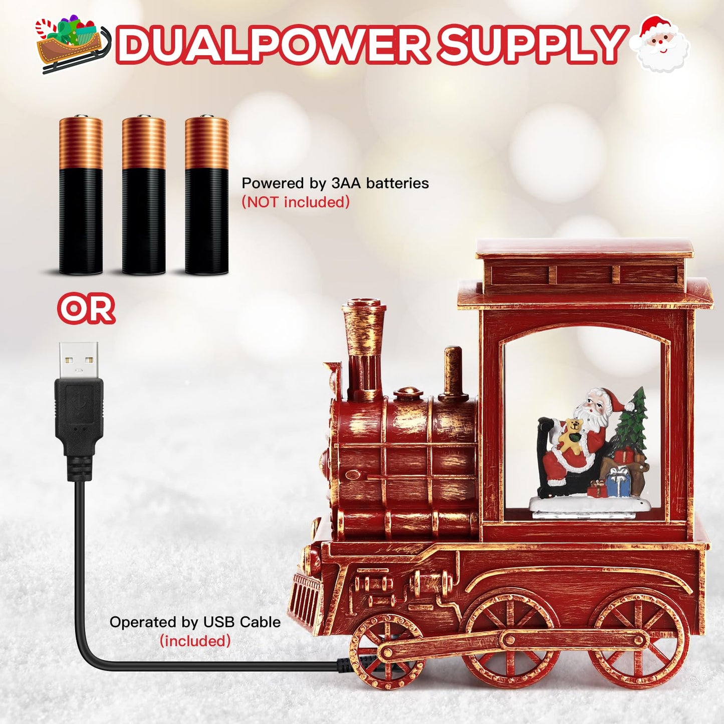 IPOW Christmas Santa Globe Lantern Train with Water Swirling Glitter, Musical and Lighted 6 Hours Timer USB Powered & Battery Operated Music Box for Christmas Home Decoration Gift