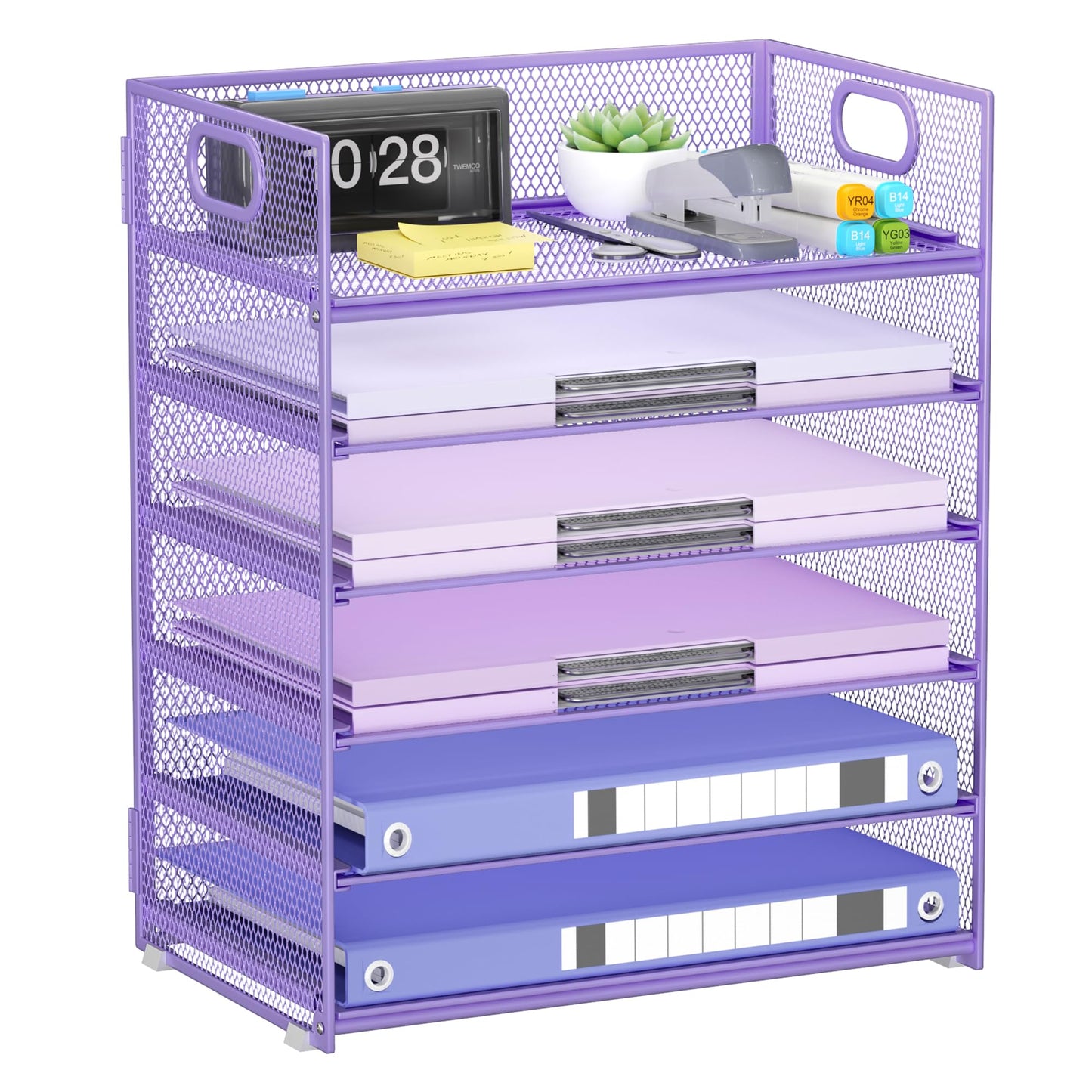Kinkota Purple Paper Organizer for Desk with Handle, 6-Tier Metal Mesh File Organizer | Stackable Desktop Organizer for Office Supplies & Stationery Storage