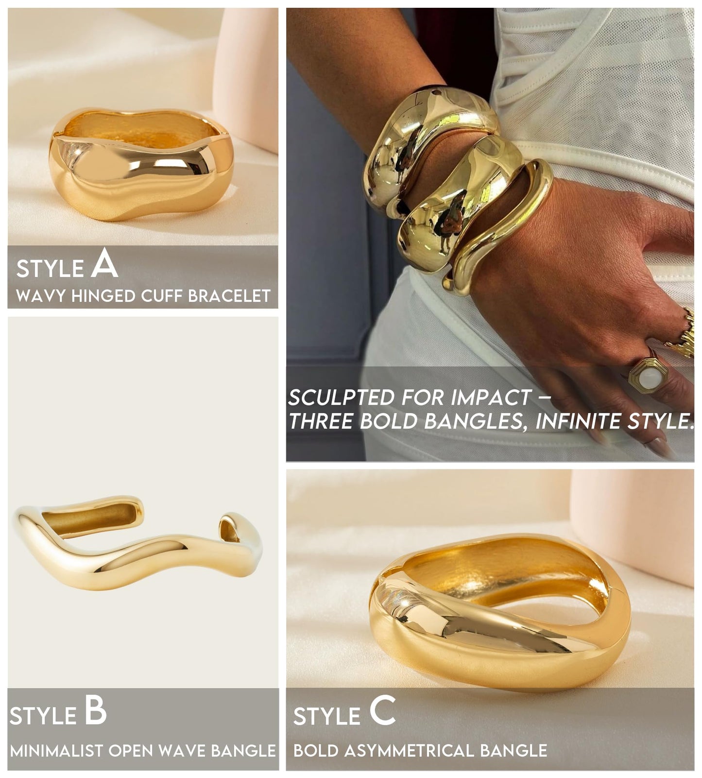 ALEXTINA 3Pcs Vintage Gold Bracelets for Women Wide Chunky 14K Gold Plated Bangle Bracelet Stack Trendy Irregular Open Cuff Bracelets