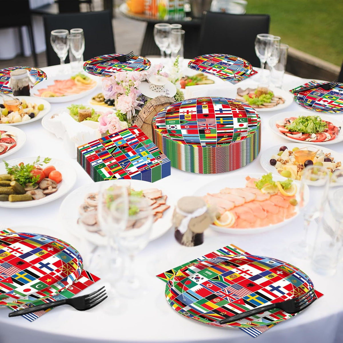 50 Guests International World Flags Party Supplies Decor Around The World Plates and Napkins Forks Travel Trip International Flags Tableware Country Paper Plates for Birthday Baby Shower Party 200PCS