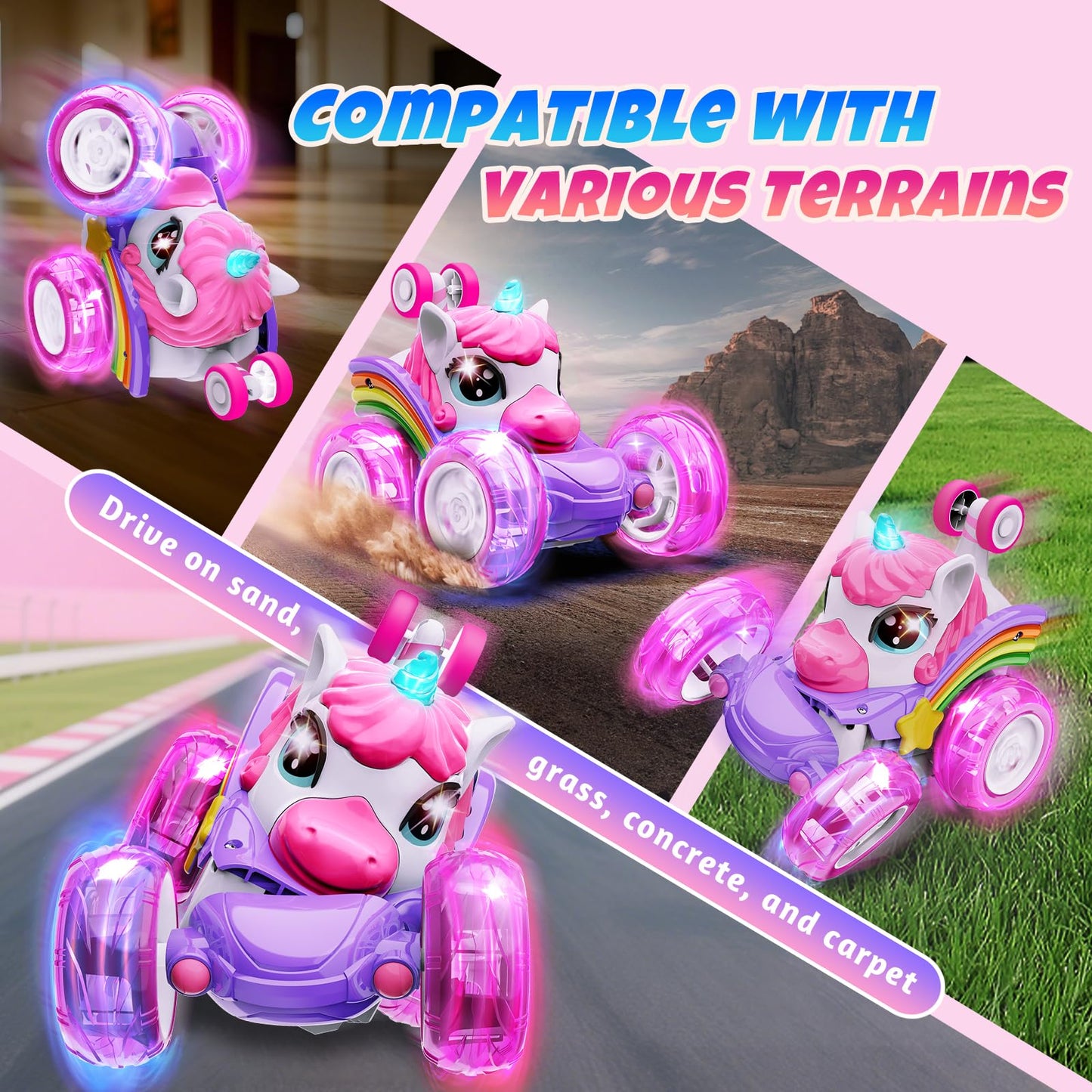 Motivekit Unicorn Remote Control Car Toys for Girl - 360° Rotating Pink RC Stunt Cars 4WD Remote Cars for Kids, 2.4GHz Toy Car with LED Lights, Birthday Gift for 3 4 5 6 7 8 9 Year Old Girl