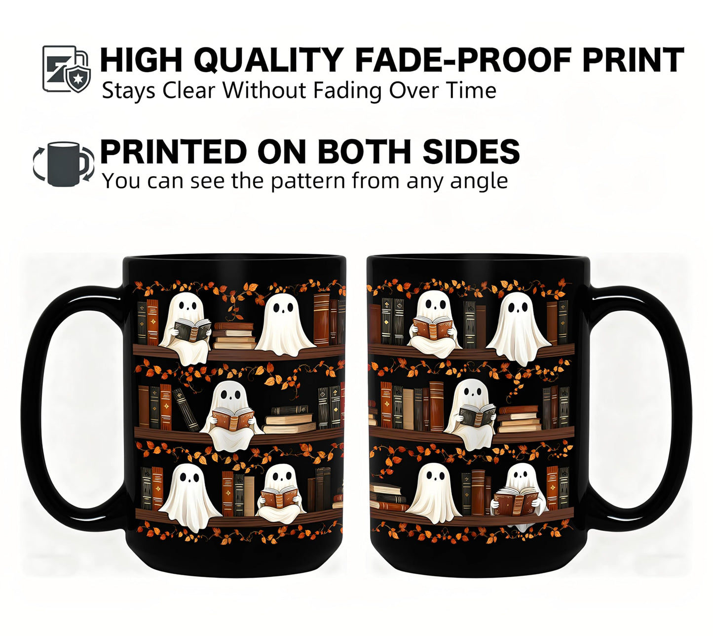 BORULEEY Halloween Cute Ghost Reading Coffee Mug, 15 oz Black Ceramic Tea Cup, Spooky Book Mug for Book Lovers & Readers, Novelty Fun Festive Bookish Gift for Women, Friends & Coworkers