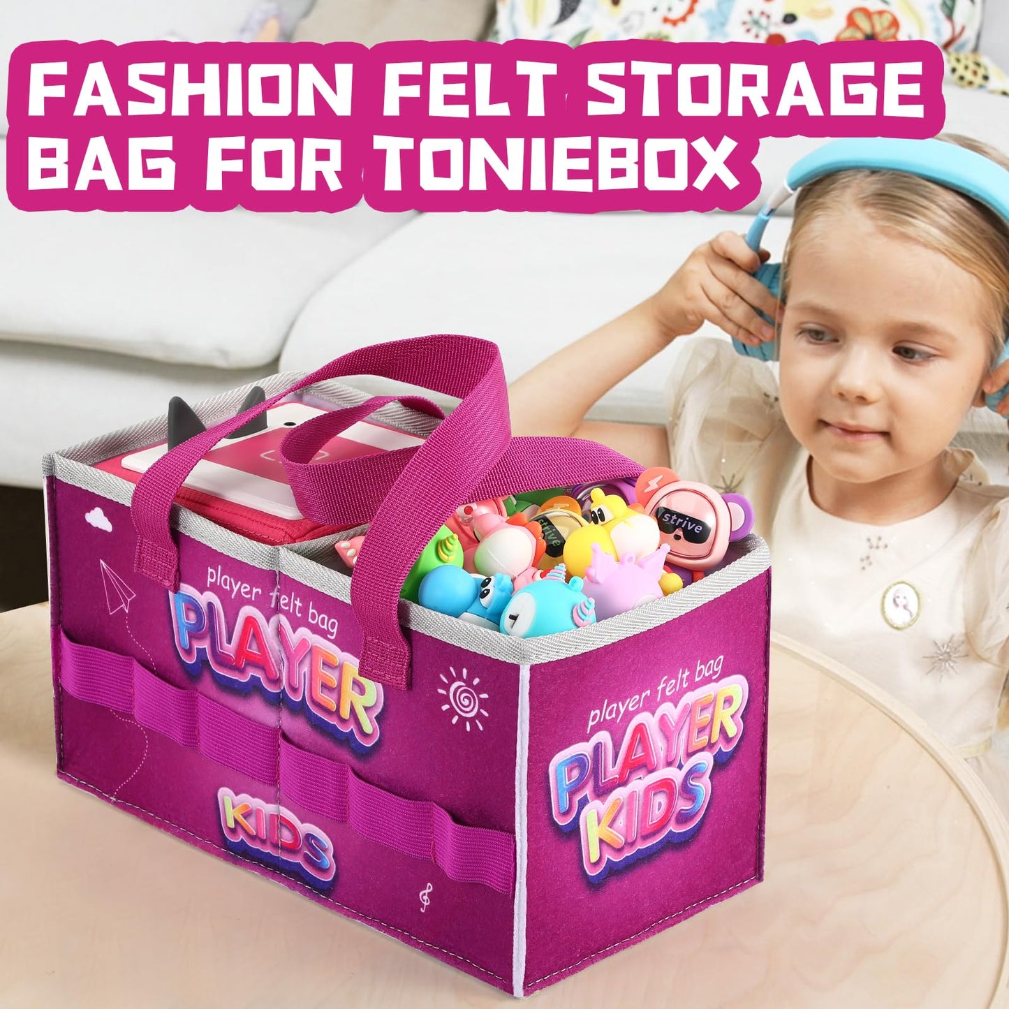 Carrying Case for Tonies Starter Set & Storage Bag for Tonies Figurine, Outdoor Hand Bag for Tonies Audio Player and Dolls Musical Toy Folding Bag for Kids Toniebox 2 Accessories (Purple Pattern)